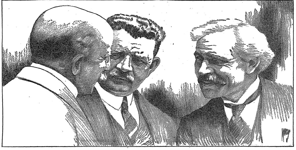 Dessin des trois chefs de gouvernement Theunis, Herriot et MacDonald, côte à côte